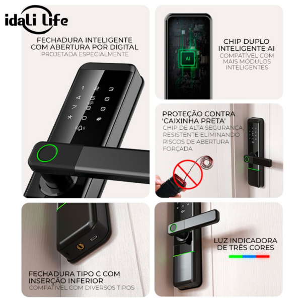 Fechadura Digital Inteligente com Impressão Digital Tag Wifi Bloqueio de Impressões Digitais IDALI LIFE - Imagem 4